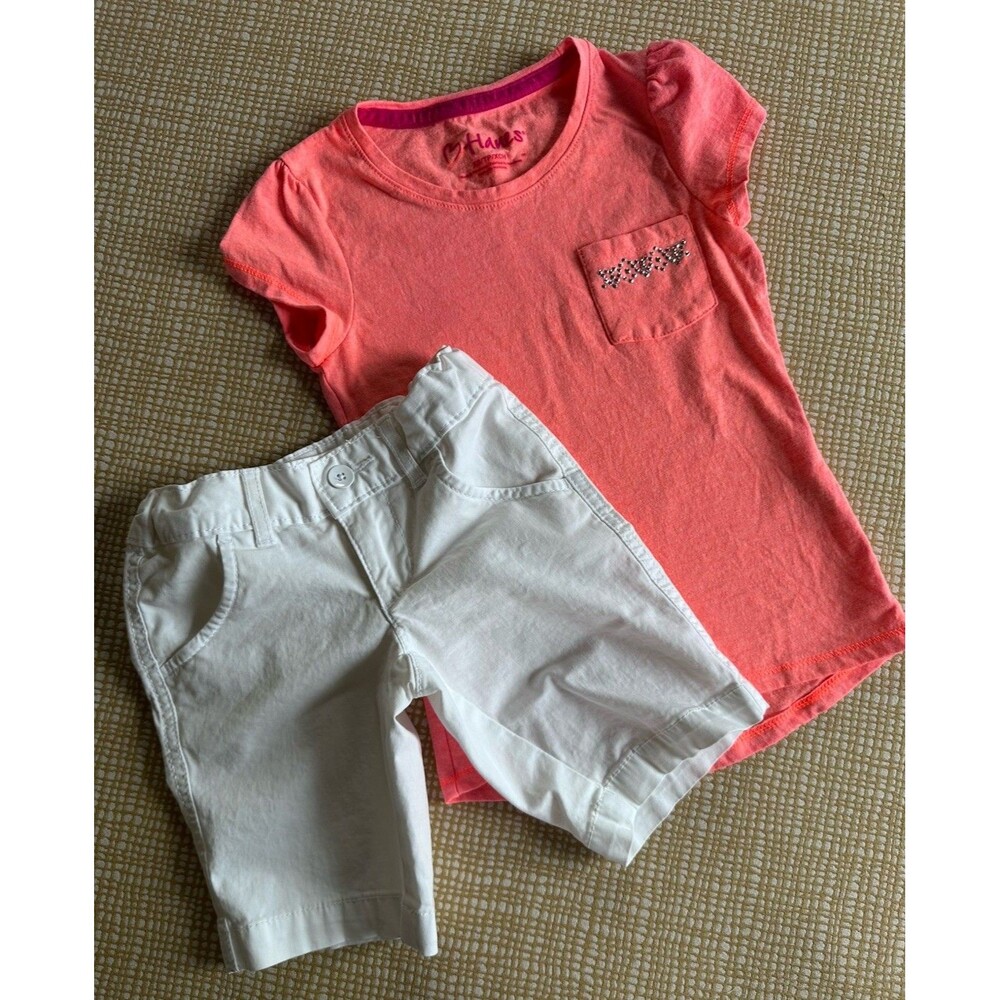 Faded Glory Girls 4 Coral Studded T-Shirt & White Adjustable Waist Shorts Set